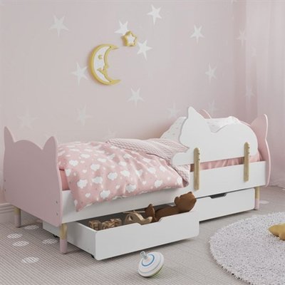 Дитяче ліжко (Котик) колір рожевий з бортиком (котик) та ящиками 123981 фото