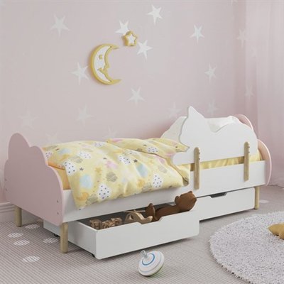 Дитяче ліжко (Хмаринка) колір рожевий з бортиком (котик) та ящиками 1729361 фото