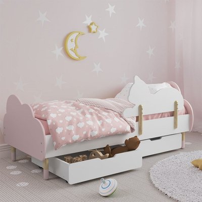 Дитяче ліжко (Хмаринка) колір рожевий з бортиком (котик) та ящиками 1429361 фото