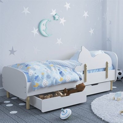 Дитяче ліжко (Класика) колір білий з бортиком (котик) та ящиками 2729361 фото