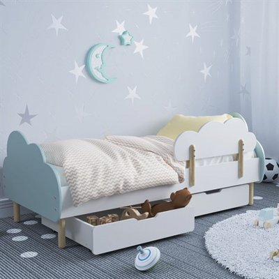 Дитяче ліжко (Хмаринка) колір блакитний з бортиком (хмаринка) та ящиками 1239676 фото